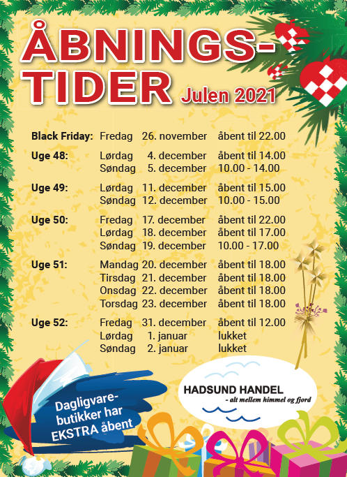 Gavlbanner og åbningstider Jul i Juli Hadsund